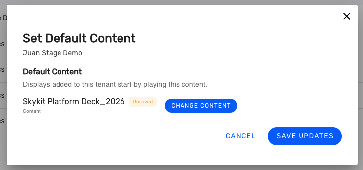 Settings window for default content with options to change or save updates.